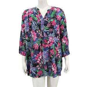 Woman Within Top Womens 1X Pink Blue Dark Floral 3/4 Sleeve‎ Pullover Tropical